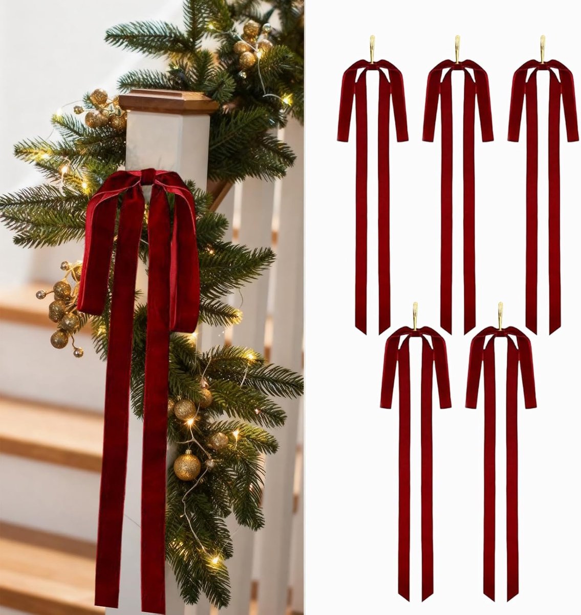 kerstslinger, grote fluweelachtige kerstslinger voor trappen met strikken, vintage kerstboompiek met strikken, grote strik voor Kerstmis buiten, 5 stuks