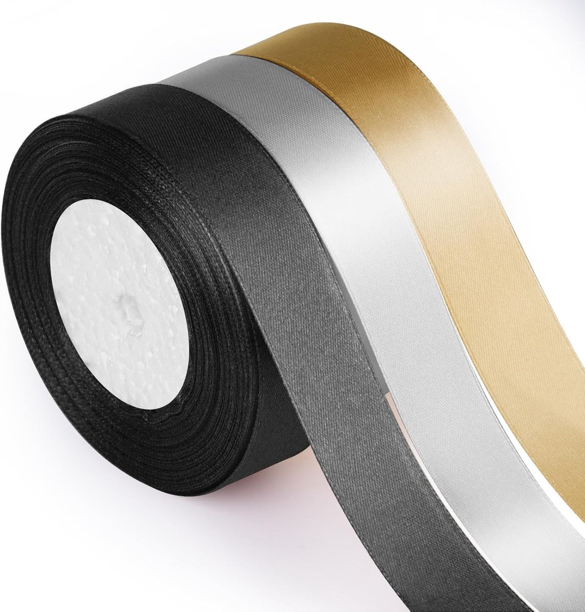 Satijnen lint voor knutselen, 2,5 cm, effen, zwart en goud, voor geschenken, boeketten, verpakkingen, haarstrikken, feestdecoraties, verjaardag, afstudeerfeest, Nieuwjaar