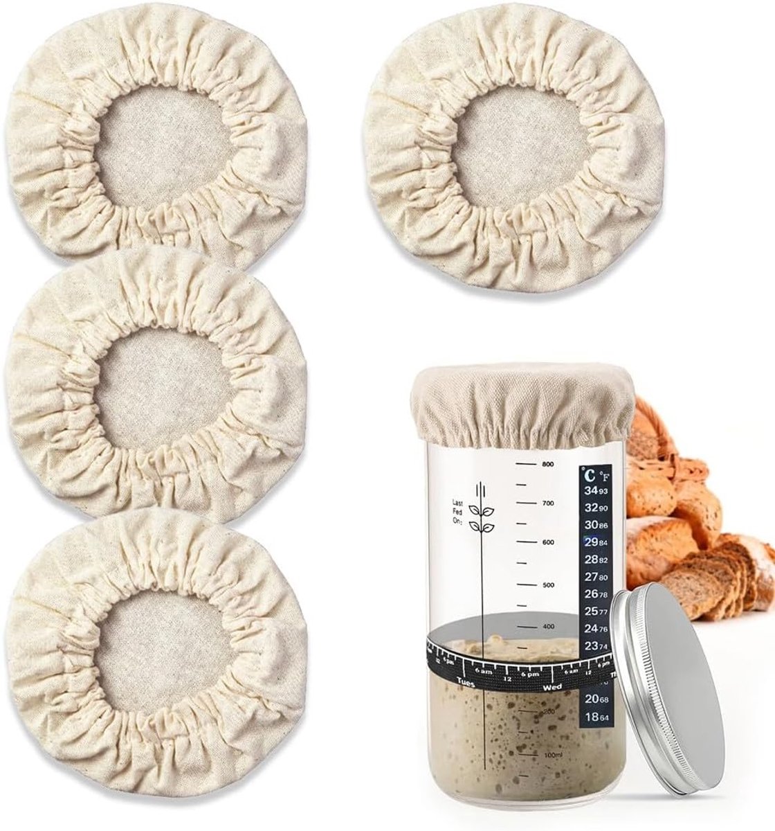 Deksels voor moedernoedels, deksel van katoen, deksel voor de gisting van ongebleekt brood, voor inmaakpotten van 8-10 cm, 4 stuks