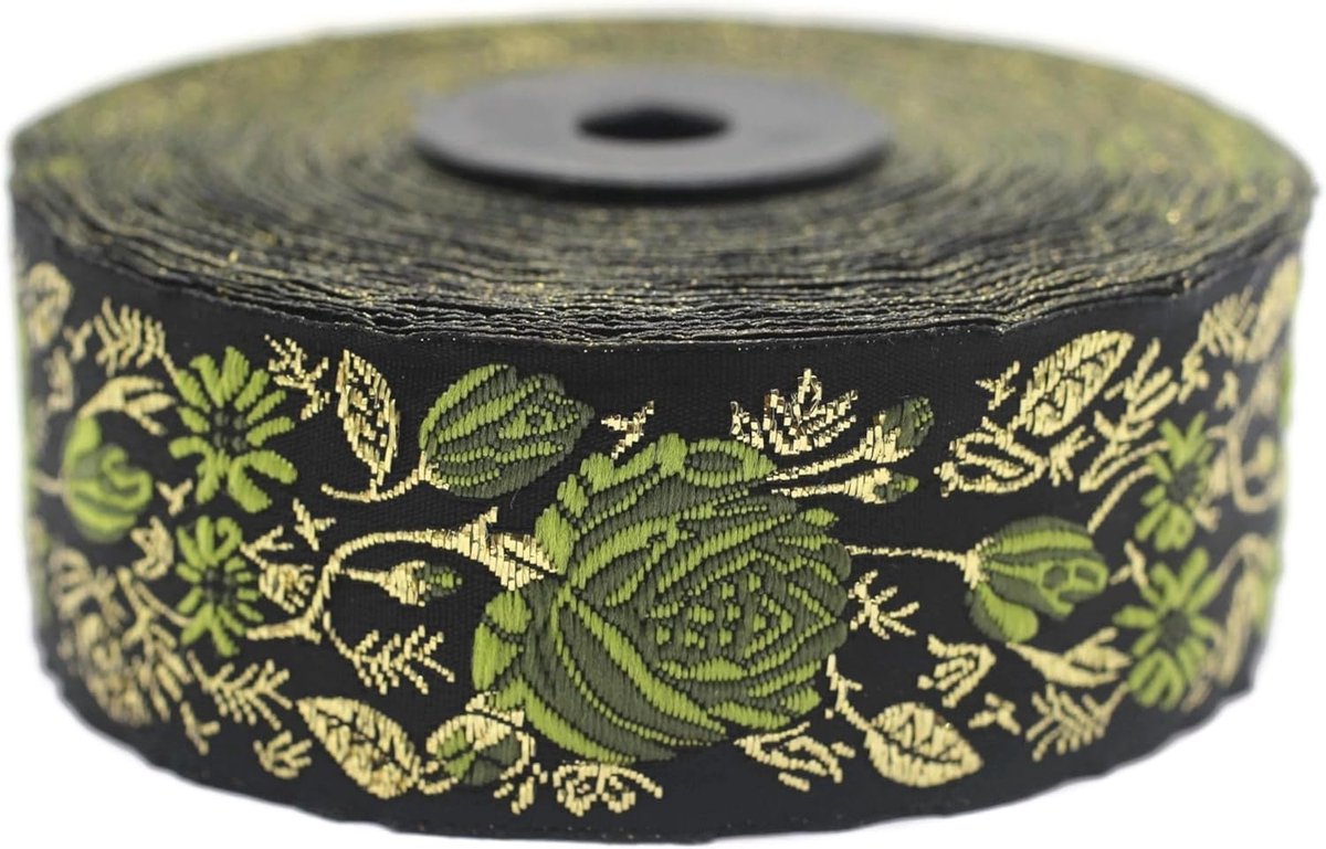 Jacquard-lint, groen en zwart, roze, 10 m x 35 mm, rol borduurlint voor naaien, decoratie 35089-V2