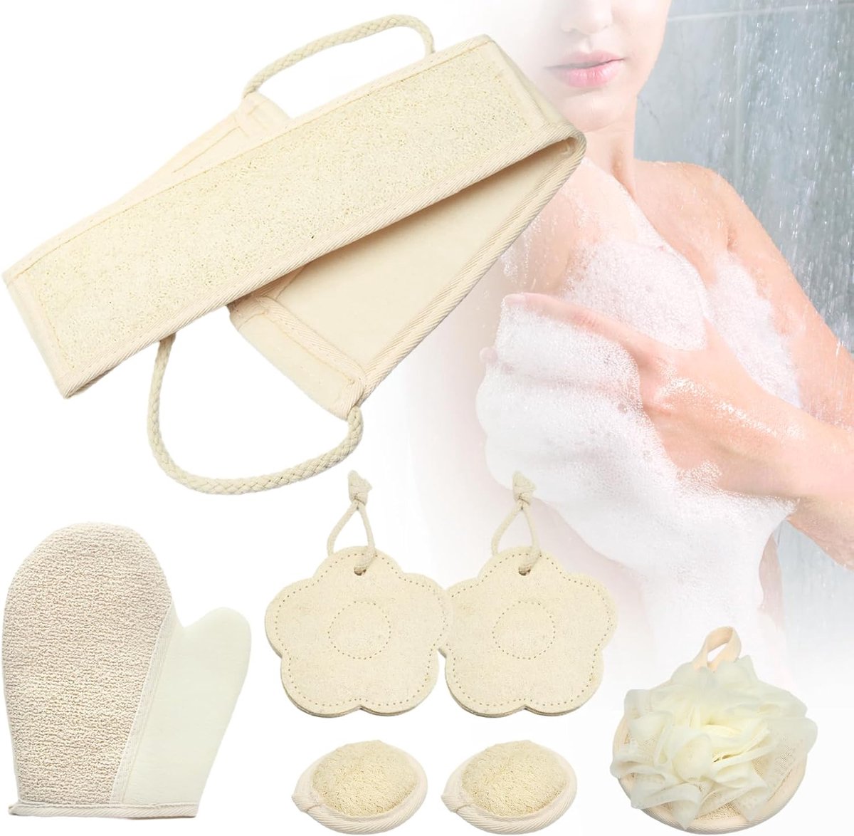 Luffa-spons, combi-set, 6 stuks luffa-pads, rugborstel, douchespons, peelingspons en reinigingsspons