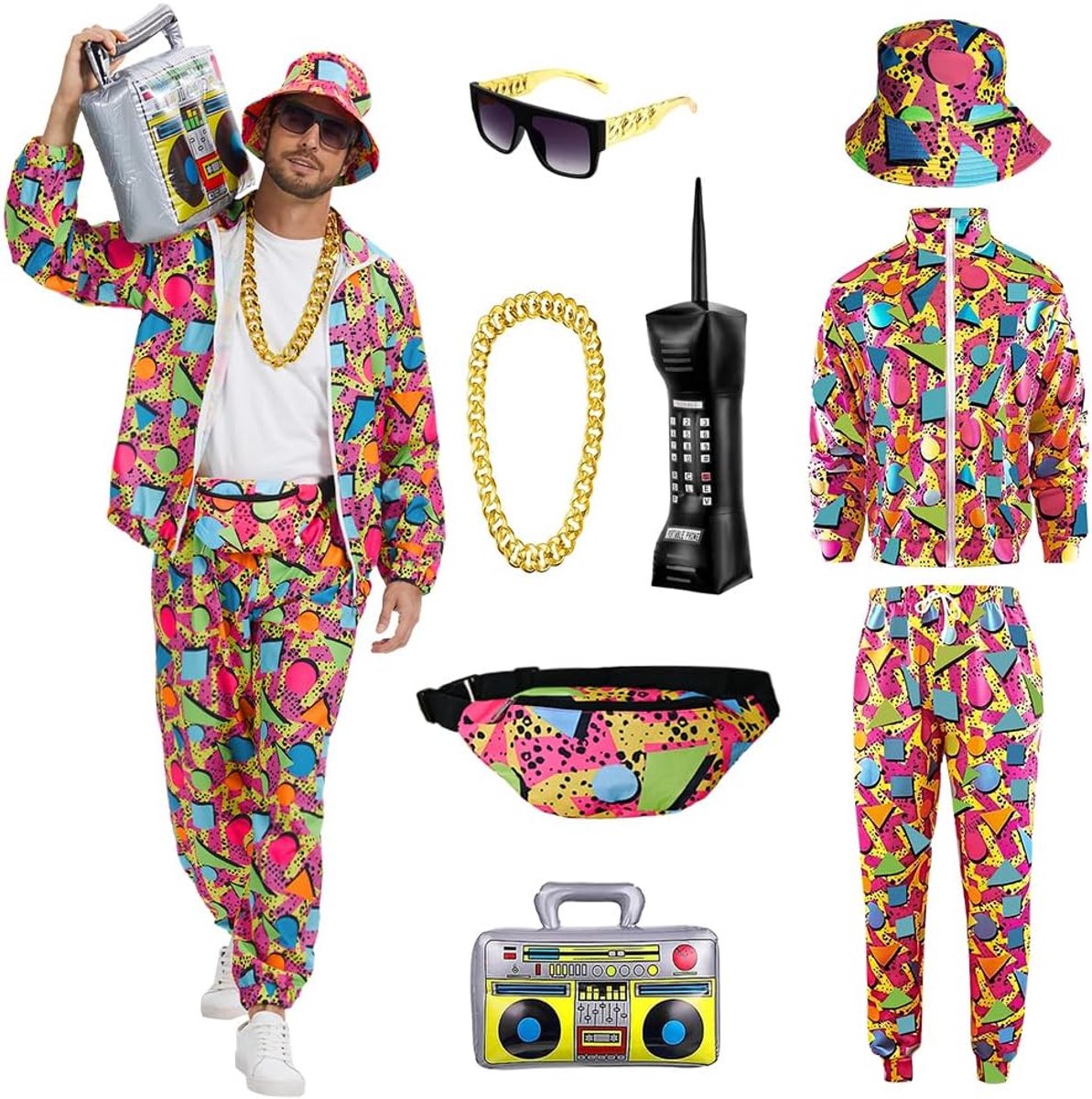 80s outfit heren jaren 90 retro trainingspak Halloween carnaval kostuum joggingpak sportpak badass kostuums 8 stuks