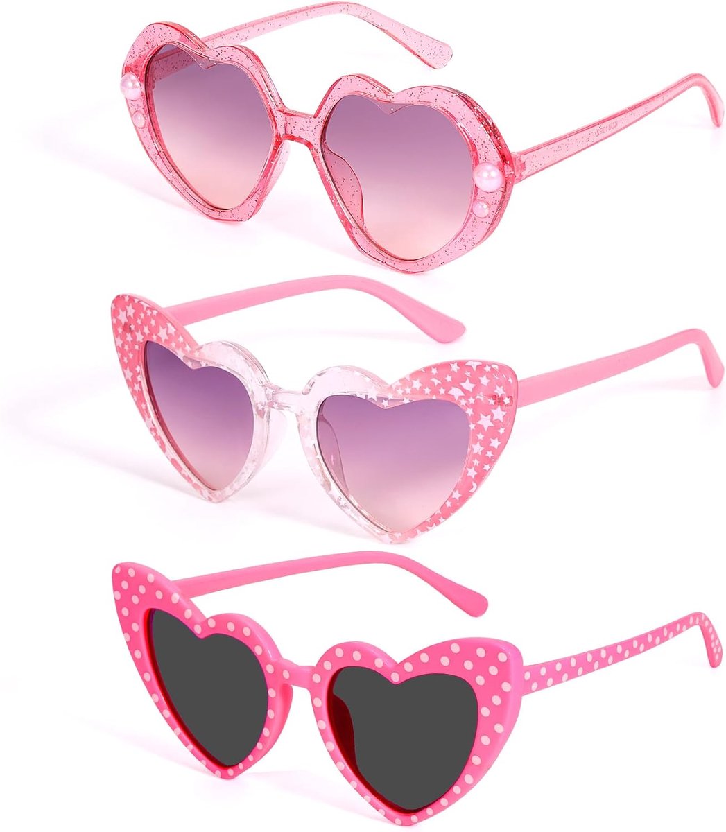 Heart Zonnebril Set 3 Stuks, Roze Hart Frame Bril voor Peuter Meisjes Outdoor Party Vakantie Strand Eyewear