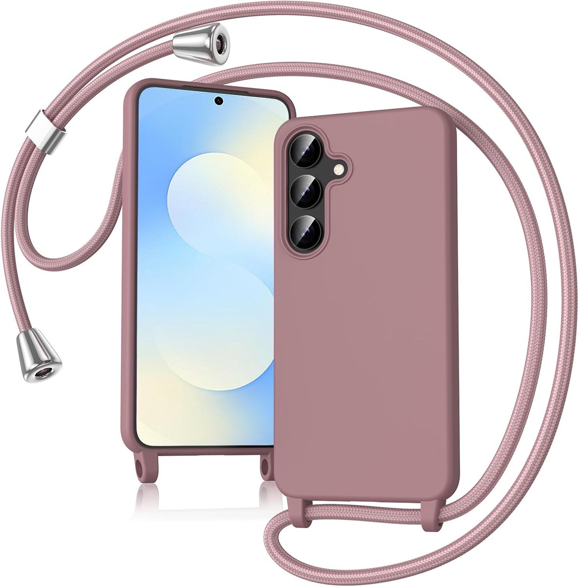 Telefoonhoesje met koord voor Samsung Galaxy S25 FE, slanke siliconen hoes met afneembaar koord, stootvaste hoes om te hangen, roze