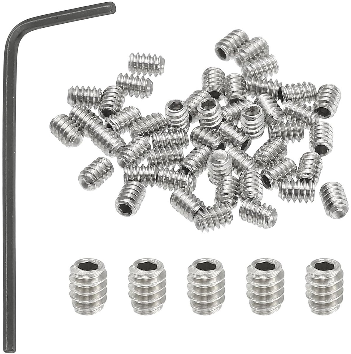 50 stuks 304 roestvrij stalen stelschroeven #6-32x3/16", UNC grove schroefdraad binnenzeskant schroefdraadpennen set met schroevendraaier voor deurklinkhouder meubellampen kraan reparatie