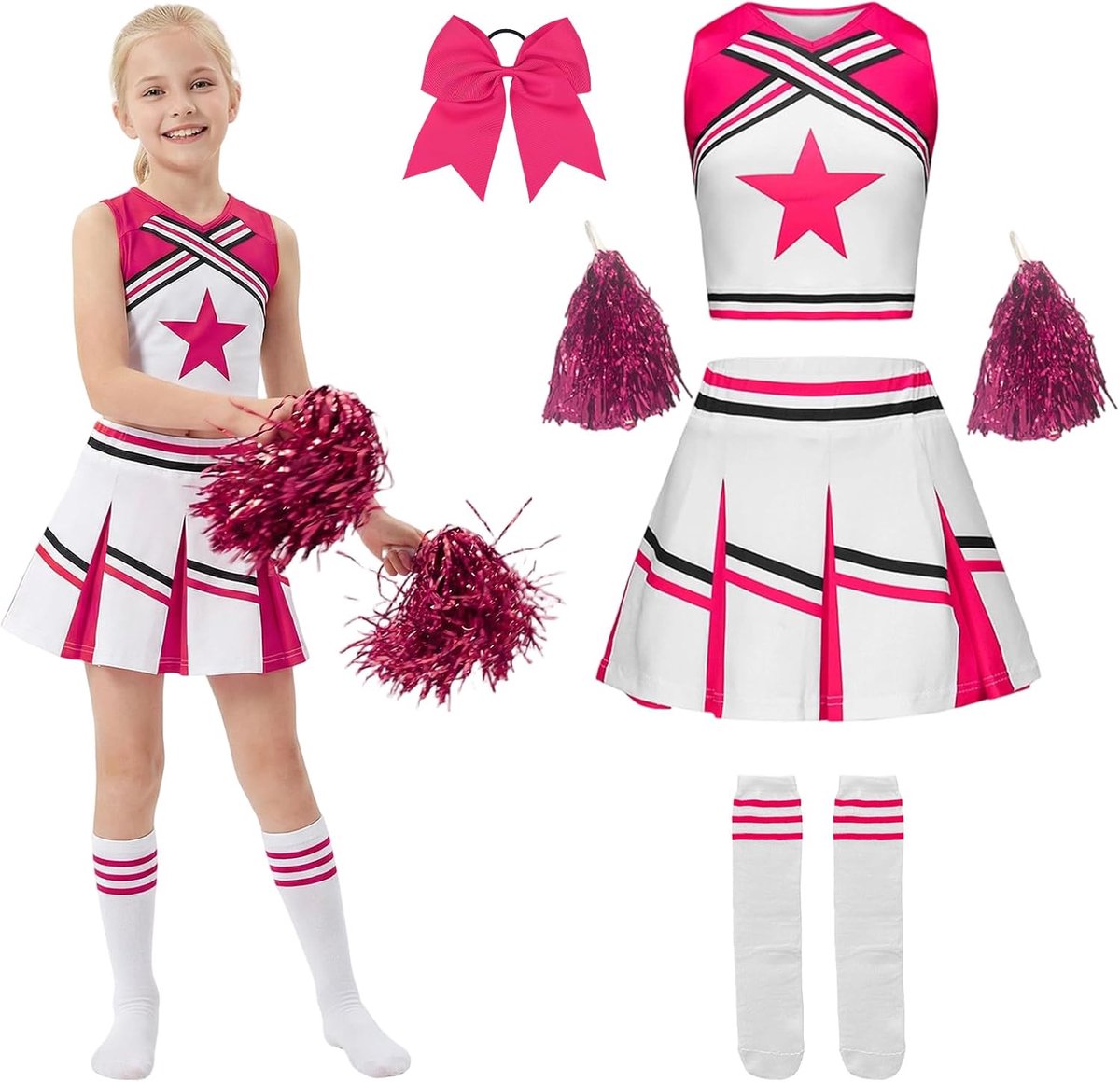 Cheerleader-kostuum voor meisjes, met cheerleader, met pompons en strik, haarelastiek, cheerleading carnavalskostuum voor meisjes, voor carnaval, Halloween