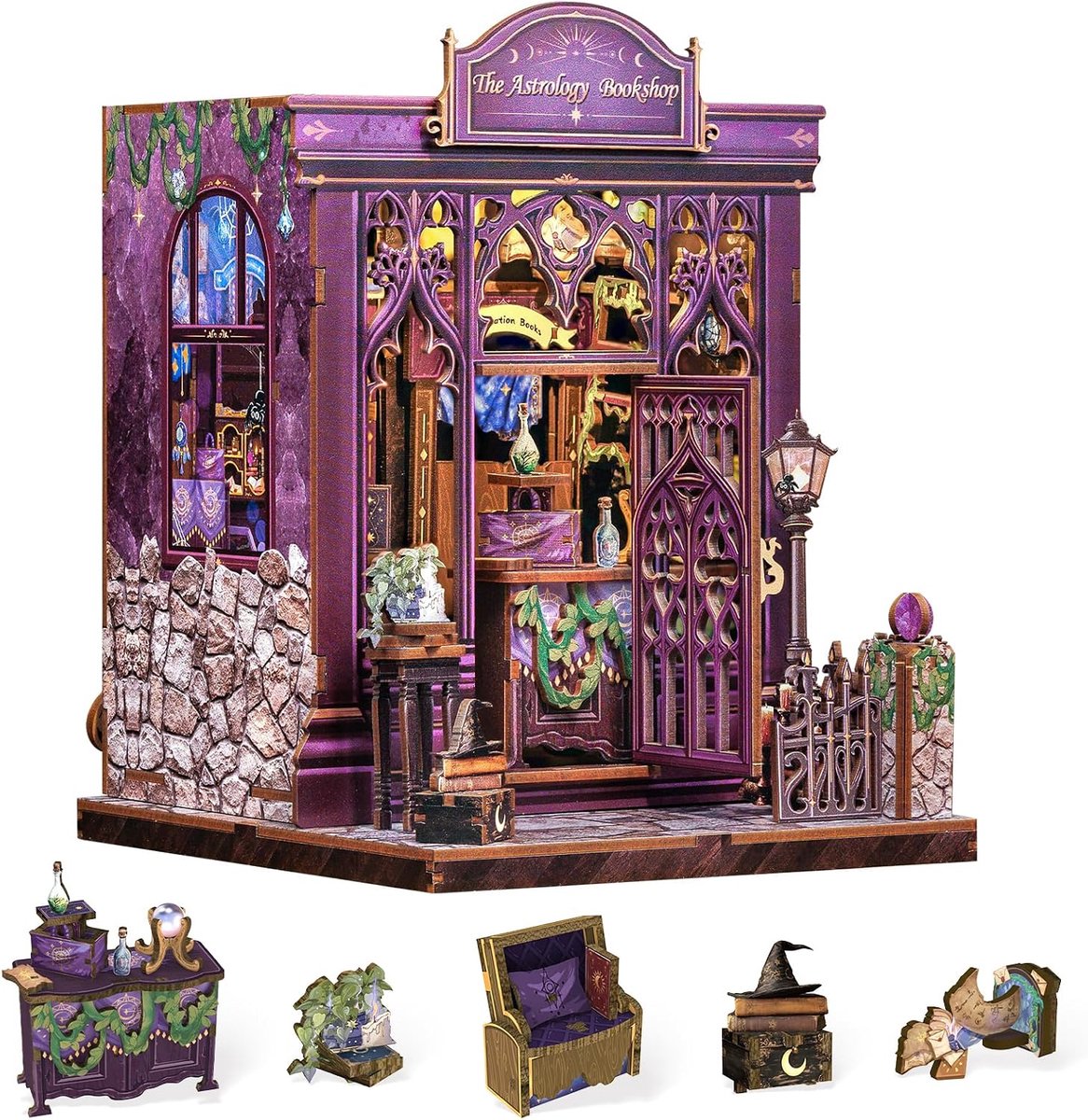 Book Nook Kit - DIY miniatuurhuisset voor volwassenen, 3D houten puzzel, mini-huisbouwset met LED, poppenhuisset, boekenplankinzet, decoratie (The Astrology Bookshop)