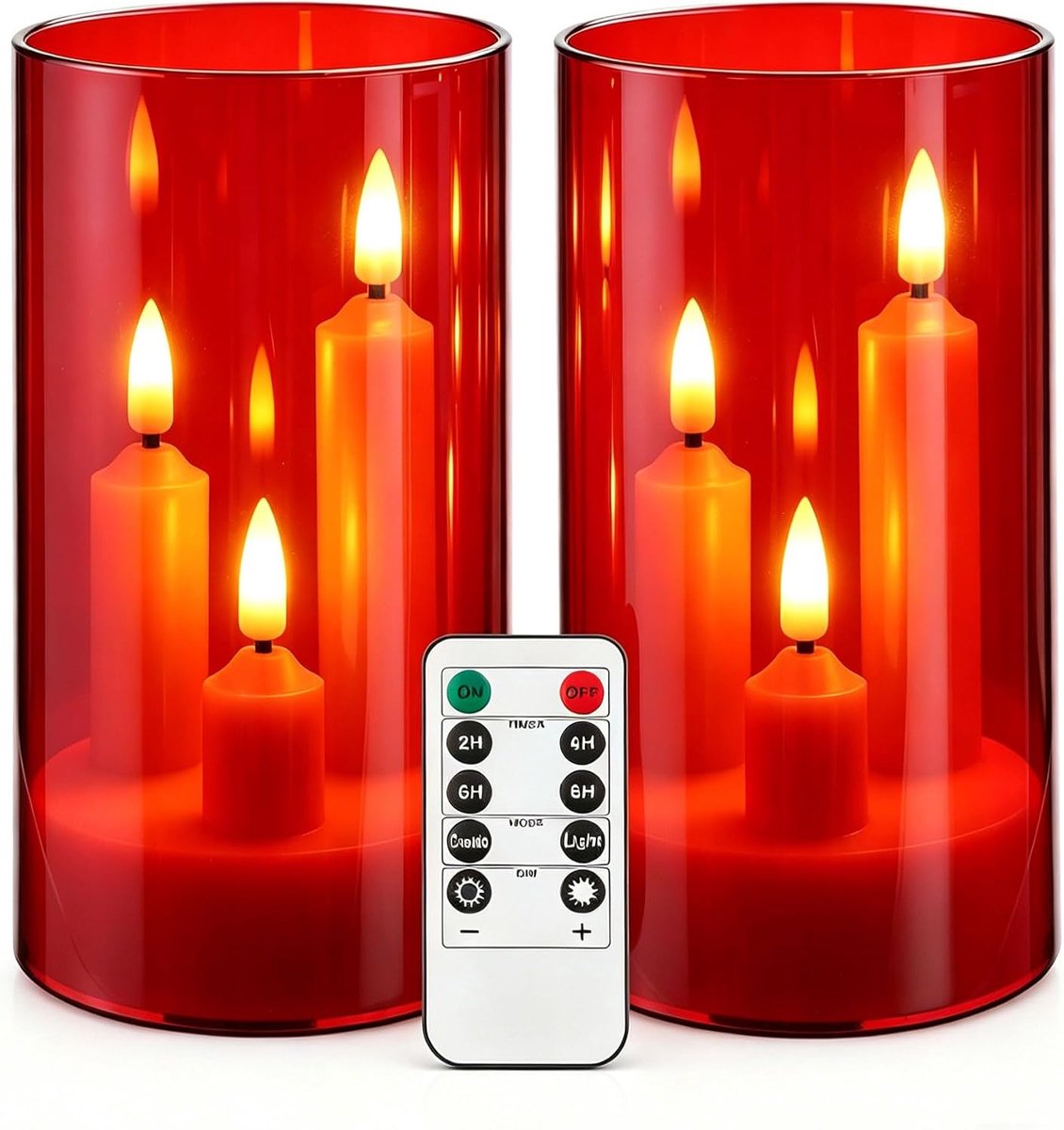 by Vlamloze kaars, batterij aangedreven kaars met afstandsbediening en timer, LED drie-lont pijler kaars, romantische bruiloft, perfecte home decor, 2 Pack (rood)