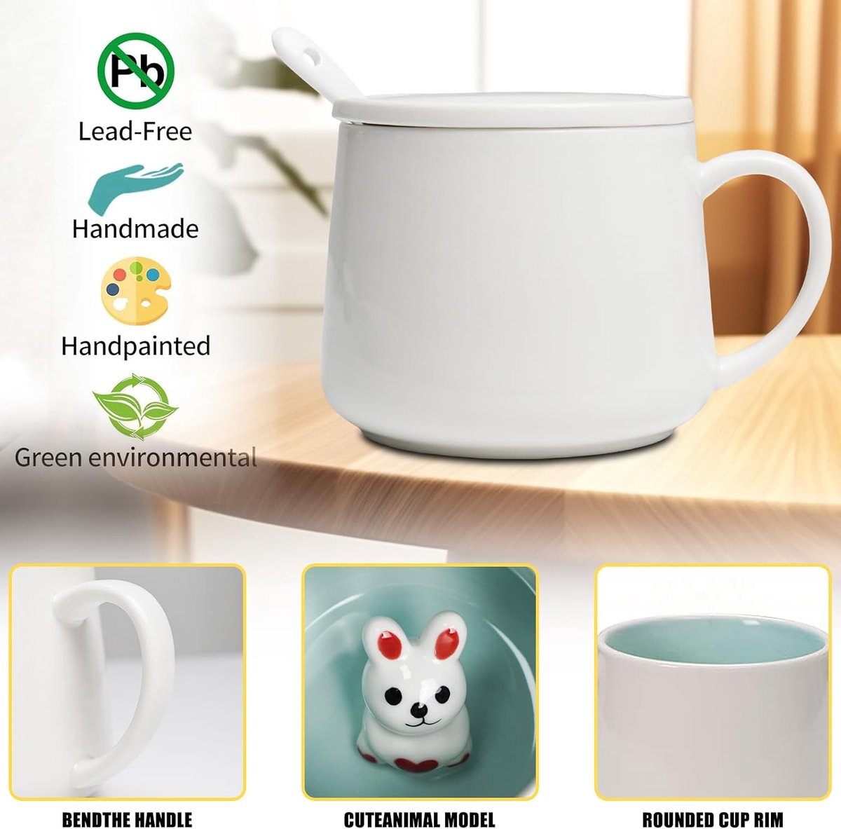 Leuke koe keramische mok, met deksel en lepel, 3D kalf binnenkant beker, Kawaii dier koffiemok voor thee, melk, warme chocolademelk, cadeau voor vrouwen, vrienden, kantoor en thuisgebruik 350