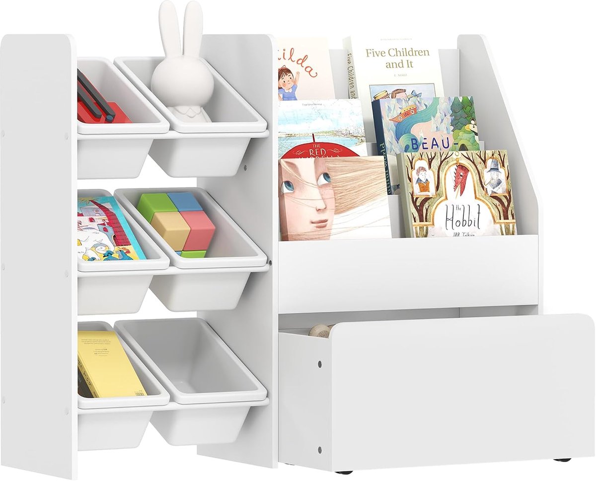 Kinderboekenrek met 6 uitneembare opbergdozen, boekenplanken, rollende doos, speelgoedrek met wielen voor kinderkamer, speelkamer, 100x30x80 cm, Wit | Kinderboekenkast, boekenplank, rolbare box, speelgoedrek met wielen, voor kinderkamer, speelkamer