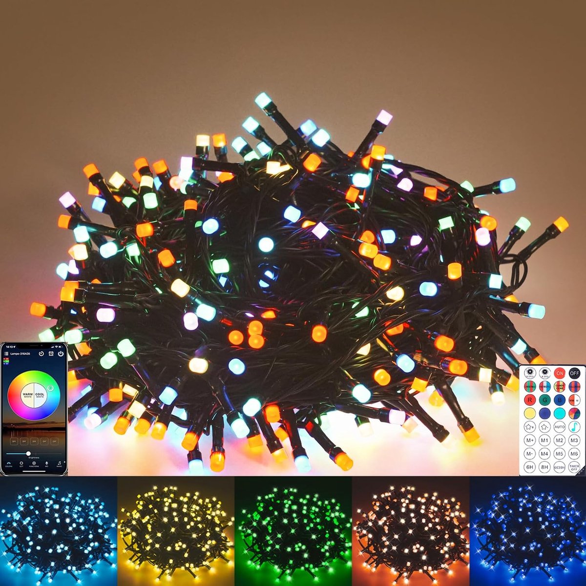 Lichtsnoer van 20 m, 200 leds, RGB, buitenstroom, 12 modi, timer, app-besturing met geheugenfunctie, IP44 waterdicht, voor herfst, tuin, Halloween, griezelige feestdecoraties voor buiten en