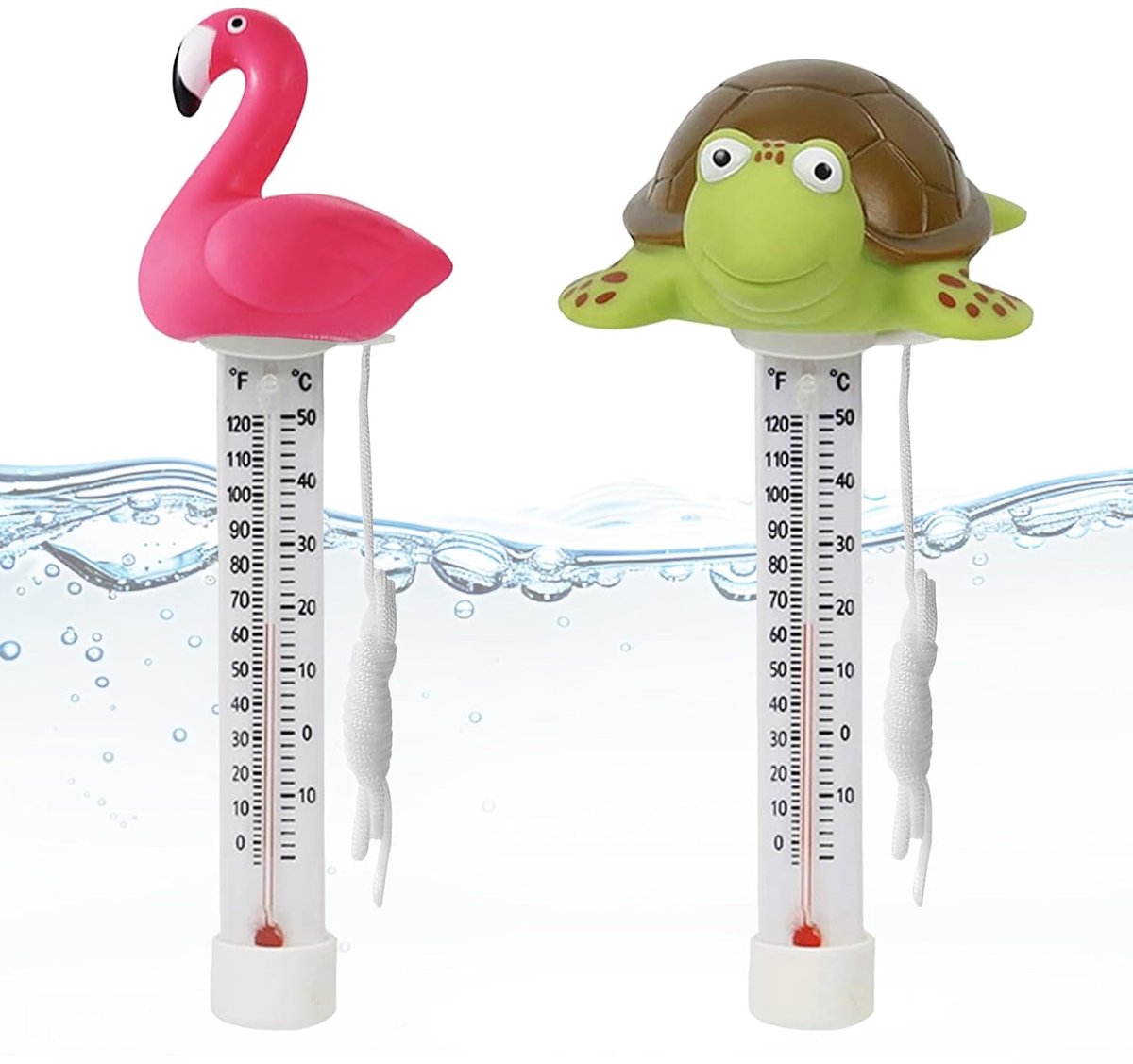 drijvende zwembadthermometer met touw, drijvende waterthermometer, voor binnen en buiten, aquaria, visvijvers (flamingo + schildpad)