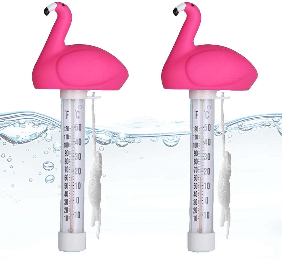 drijvende zwembadthermometer met touw, drijvende waterthermometer, voor binnen en buiten, aquaria, visvijvers (flamingo + flamingo)