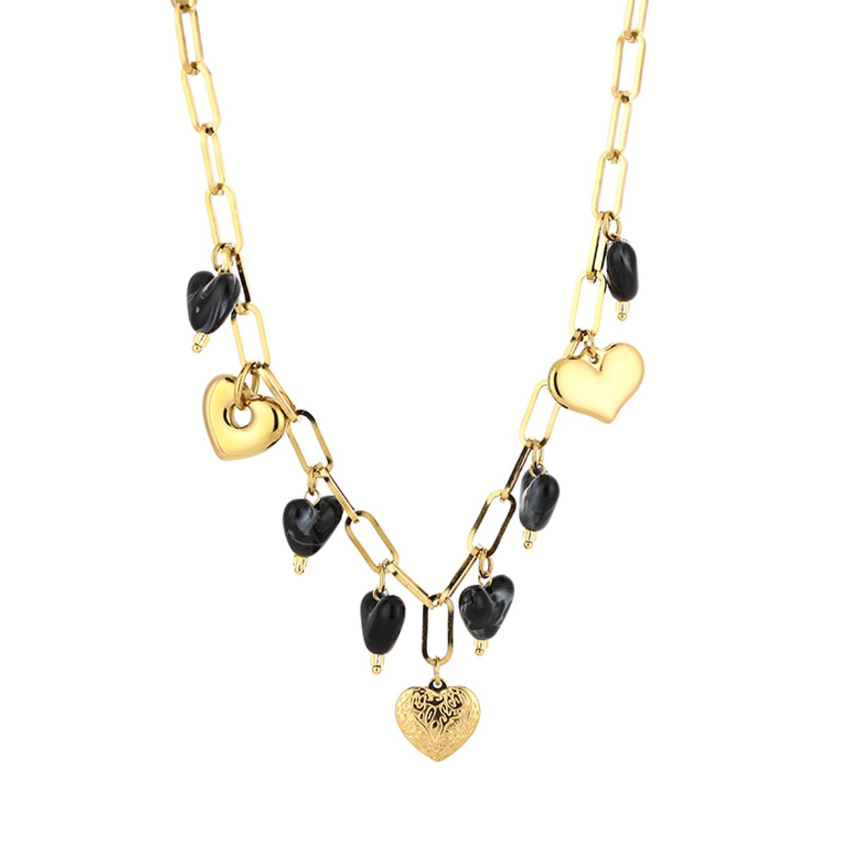 Chunky Heart Charm Link Chain Necklace – Luxe Bedels Ketting met Harten – RVS - Zwart
