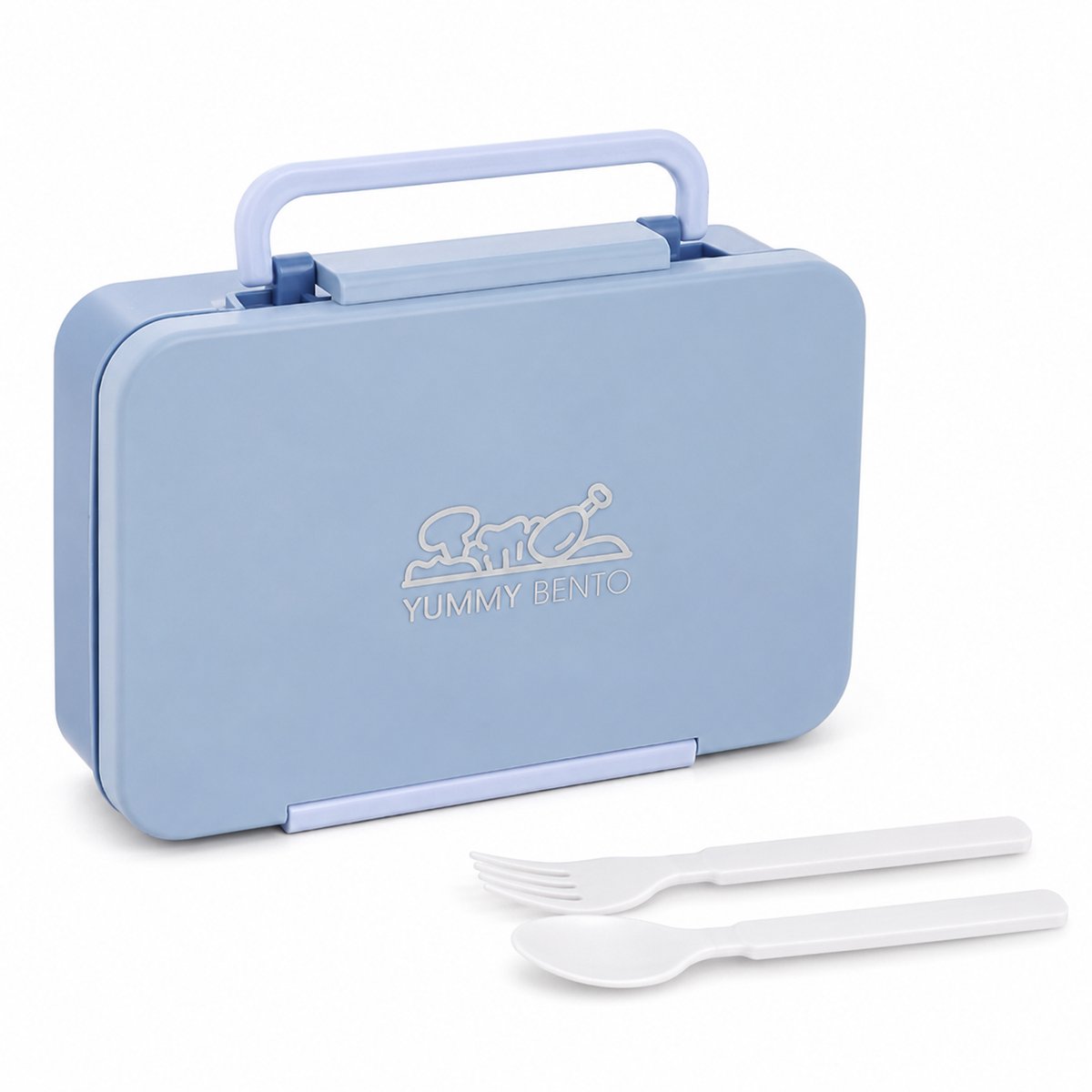 VHV Lunchbox 1200 ml met 3 Vakken en Bestek - Voedselveilige PP Bento Box met Handgreep en Kliksluiting - Lichtblauw voor Werk, School en Onderweg