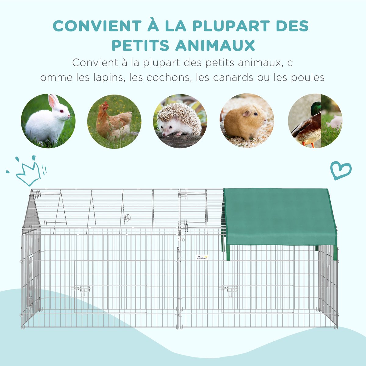 Omheining voor kleine dieren, 220 x 103 x 103 cm, groen | Kooi voor huisdieren, hok voor buiten, konijnen, frame van verzinkt metaal, 4 grondpennen inbegrepen