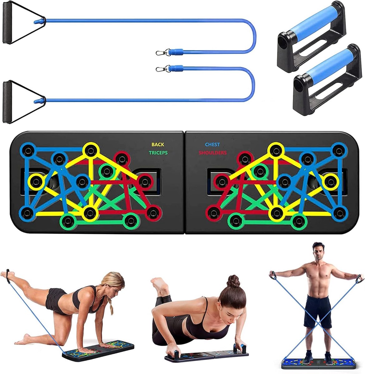 Board, inklapbaar, 23-in-1 krachtboard, multifunctionele krachtpompplank met handgrepen, krachtboard met 2 trektouwen, thuisfitness, draagbaar