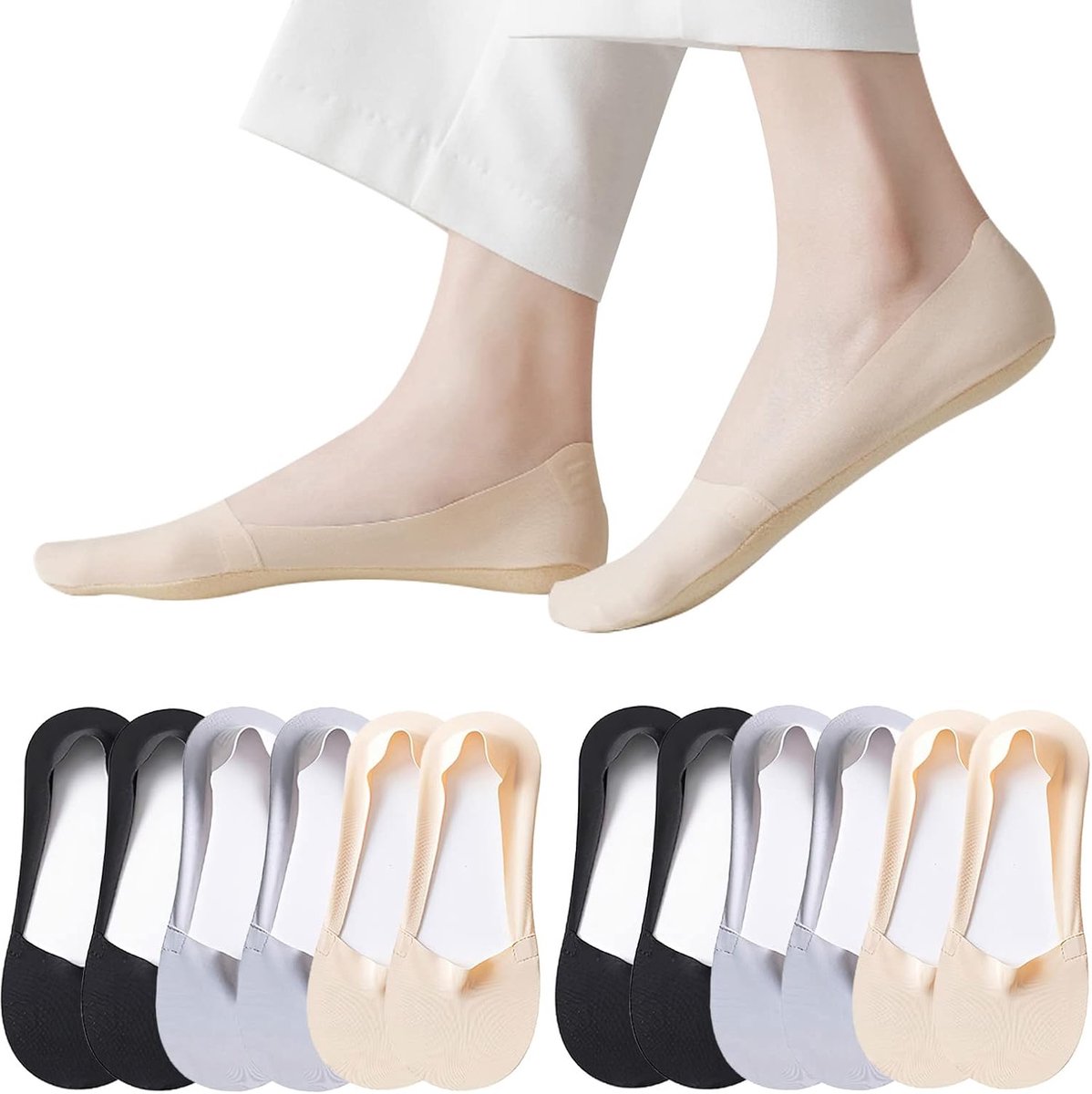 Sokken, sportsokken voor dames en heren, sokjes, No Show, katoen, onzichtbare sokken met antislip siliconen, zwart, nude grijs, 36-39, 40-43
