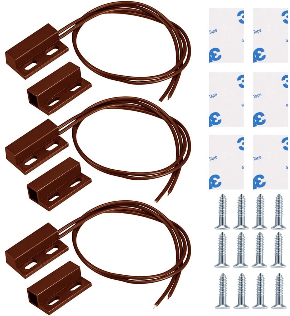 3 stks Opbouwmontage Bedrade Deur Sensor Alarm Magnetische Reed Schakelaar Bruin, Normaal Gesloten Magnetische Schakelaar