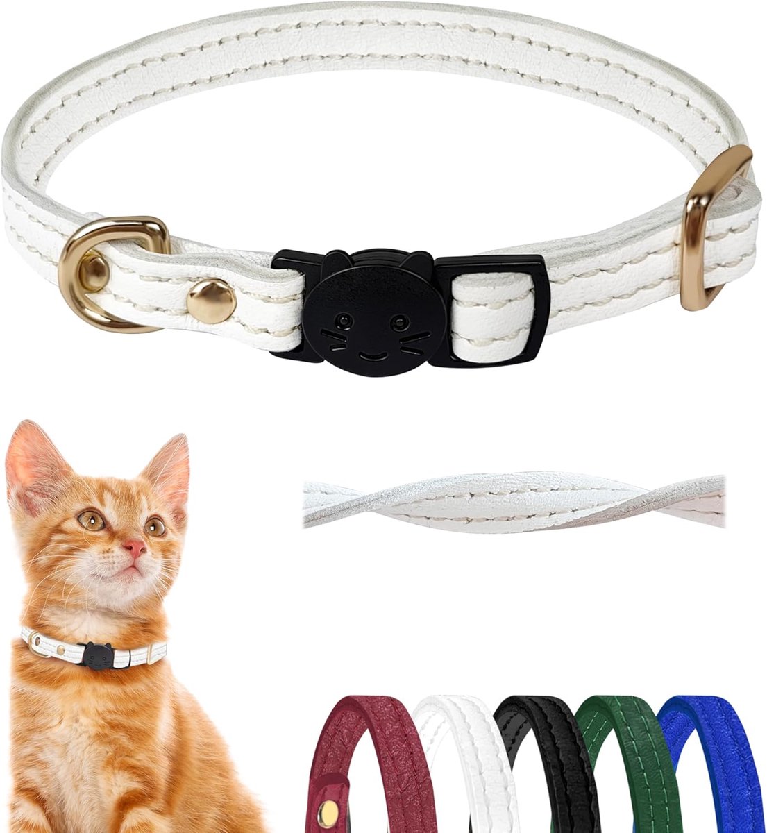 Halsbanden met veiligheidsgesp(wit, 19–28 cm) | Lichtgewicht, zacht, fijn ademend en verstelbaar voor kittens, katten en puppy’s, comfortabel en elegant als cadeau