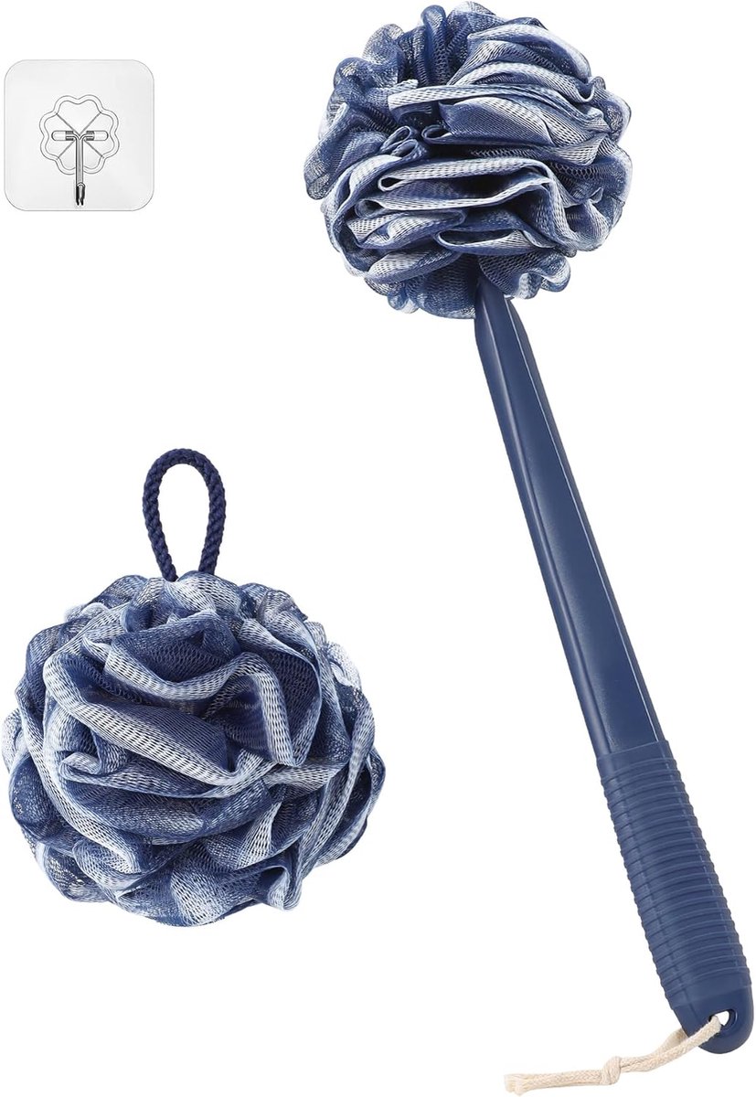 Loofah met handvat terug scrubber, antislip 43 cm kunststof handvat, handdouche & luffa op een stok spons set, diepblauw met witte rand