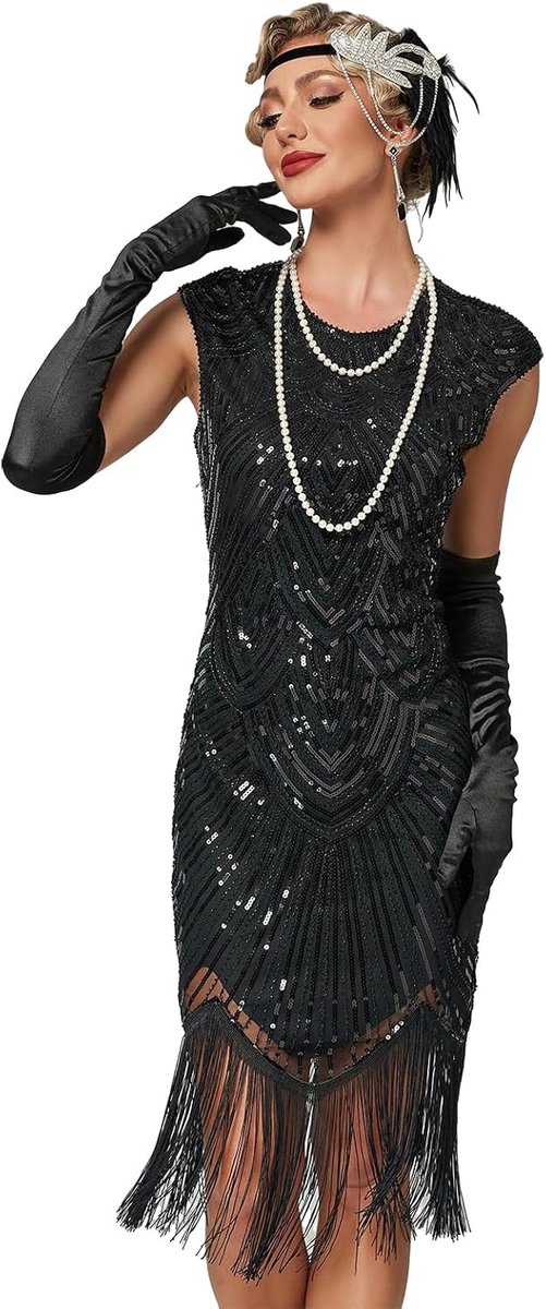 Damesjurk met pailletten, 20-stijl, ronde hals, geïnspireerd op Great Gatsby-kostuum jurk