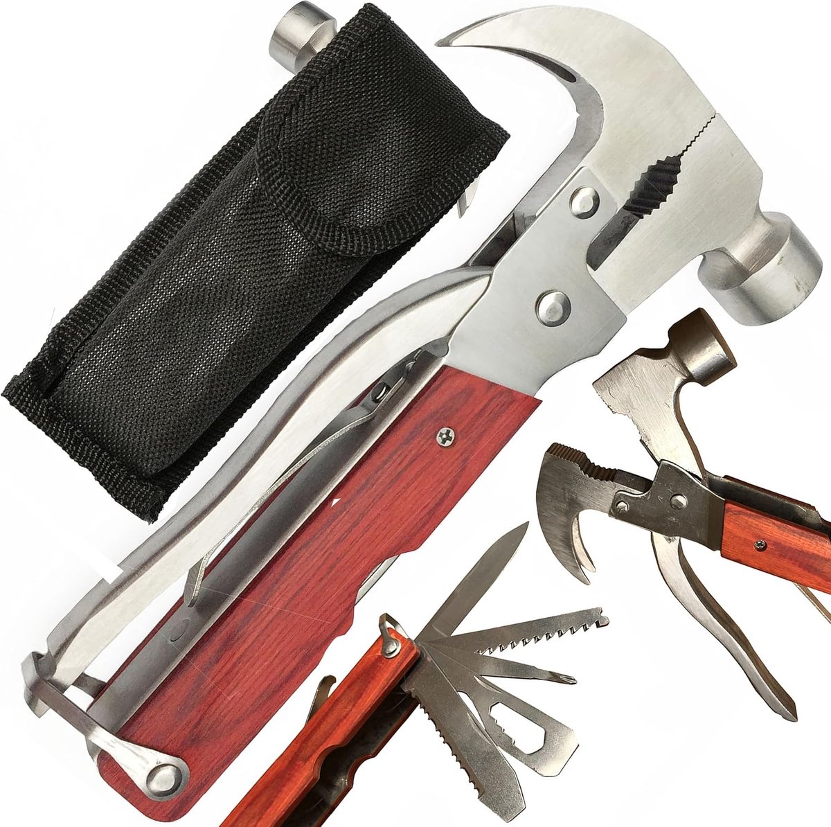 Multitools, multifunctionele tang, zakgereedschap, opvouwbaar, geschenk, multifunctionele tang met noodhamer, klapmes, zakmes voor mannen, camping, repareren, roestvrij staal, hout