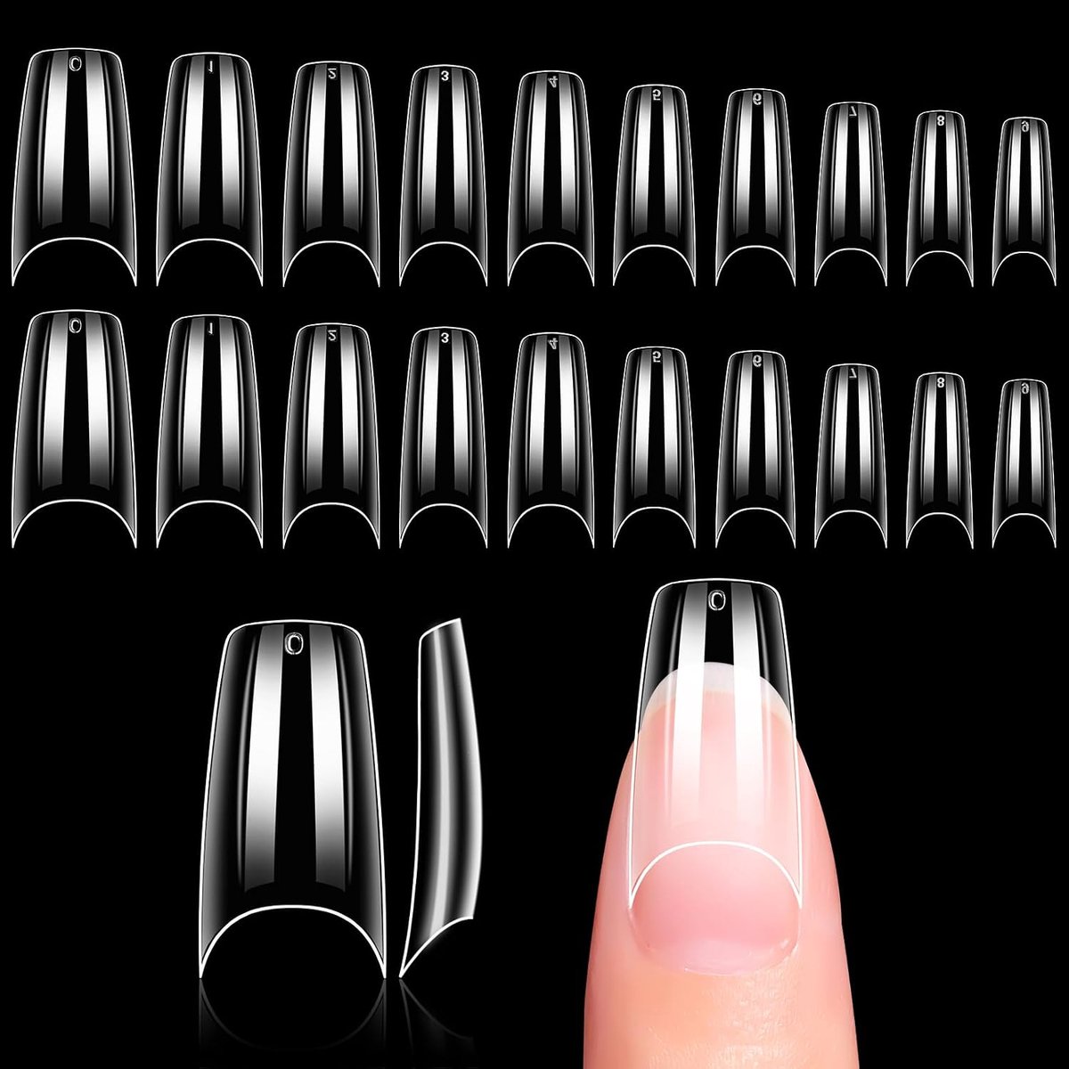Medium Coffin-nagels – 500 stuks, 10 maten, transparante half-cover nageltips voor gelextensies en doe-het-zelf kunstnagels
