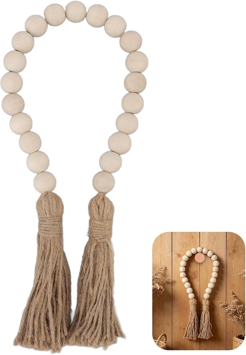 60 cm lengte, houten kralen, slinger met kwastjes, rustieke landhuisdecoratie, gebedskralen om aan de muur te hangen, voor geschenken ornamen