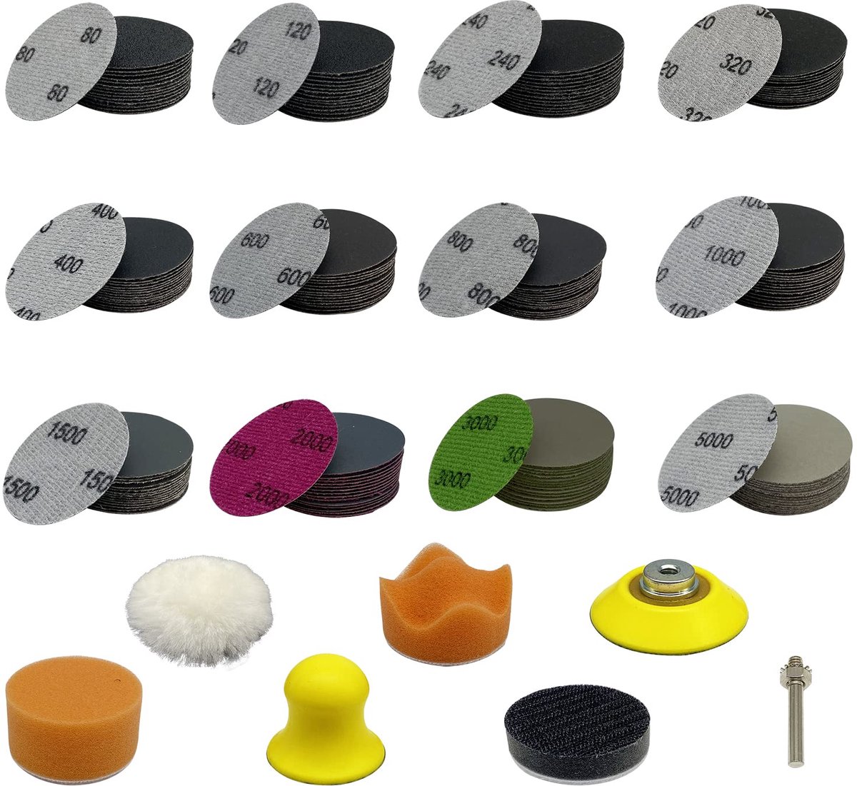 186-delig, 50 mm, klittenband, natte en droge schuurpads, korrel (80-5000), schuurbladen voor excentrische schuurmachine voor autolak-polish, metaal- en houten