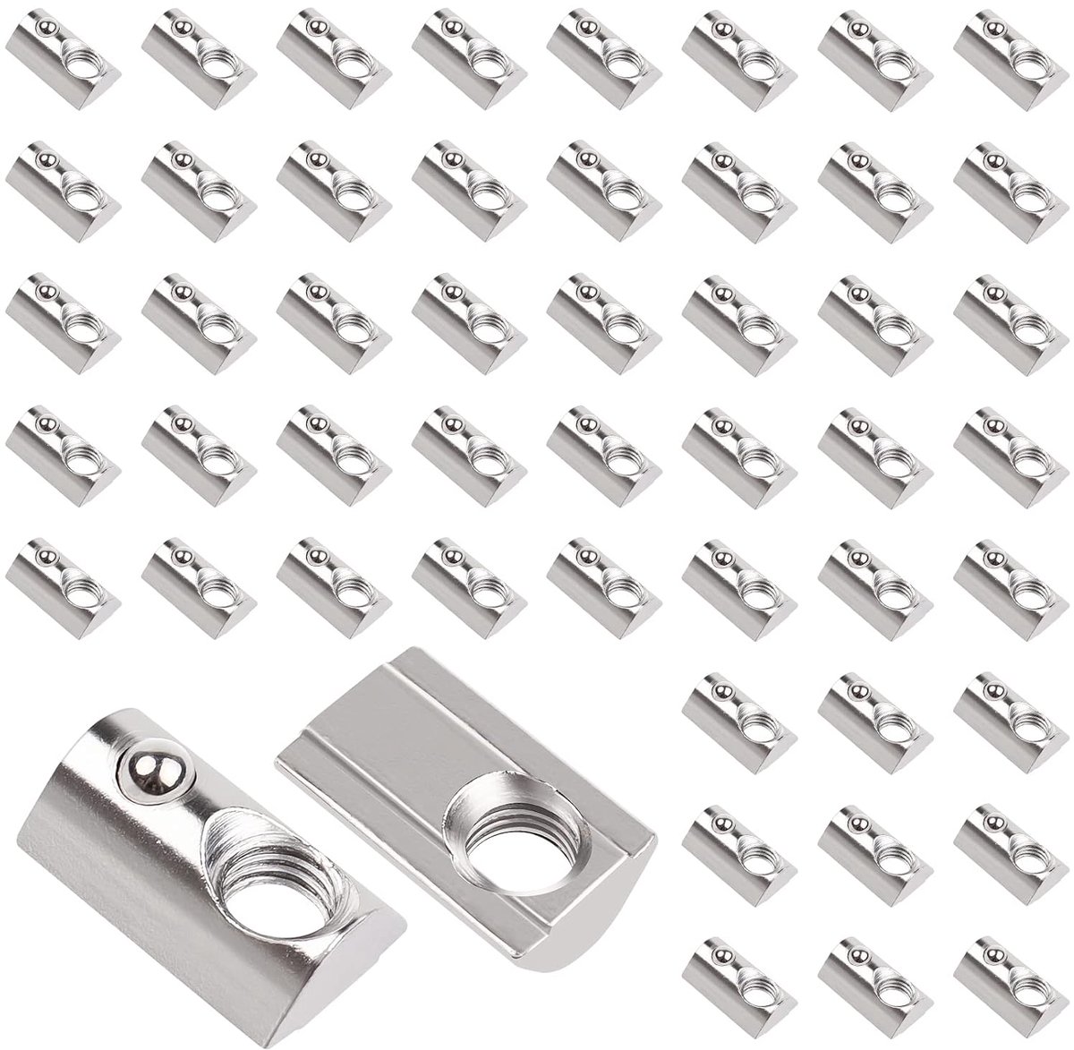50 stuks groefstenen met bolgroef 8, 40-serie sleufsteen M8 schroefdraad met centrering brug, koolstofstaal glijmoer met veerkogel T-groefstenen set voor aluminium profiel extrusiegleuf