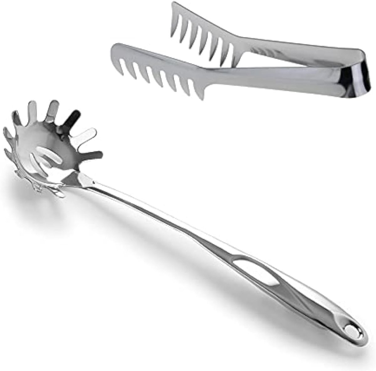 roestvrijstalen pastaschep set, 1x 20 cm serveerstang en 1x 30 cm spaghettiklauw, getande uiteinden design keukengerei
