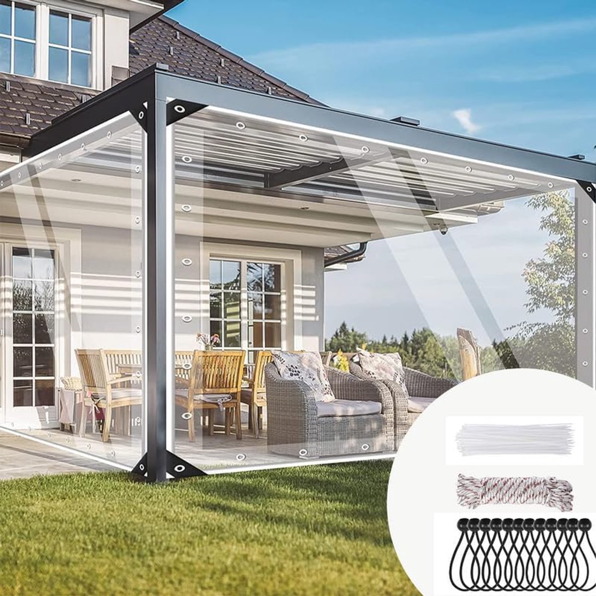 Transparant zeildoek, 420 g/m² Pvc doorzichtig dekzeil, waterdicht, zwaar belastbaar, doorzichtig pvc-zeil met oogjes, tuinhuisje, zijpanelen, scheurvast met kabelbinders, elastische touwen
