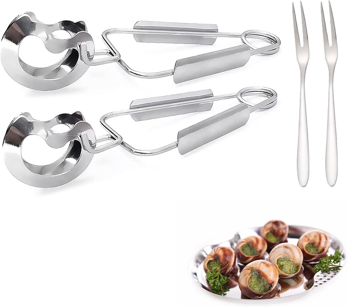 2 stuks slakkentangen buffettangen keukentangen RVS serveertangen + 2 stuks slakken van RVS slakkenvork fruitvorken voor slakken schalen schaaldieren bestek keukengadgets kookaccessoires