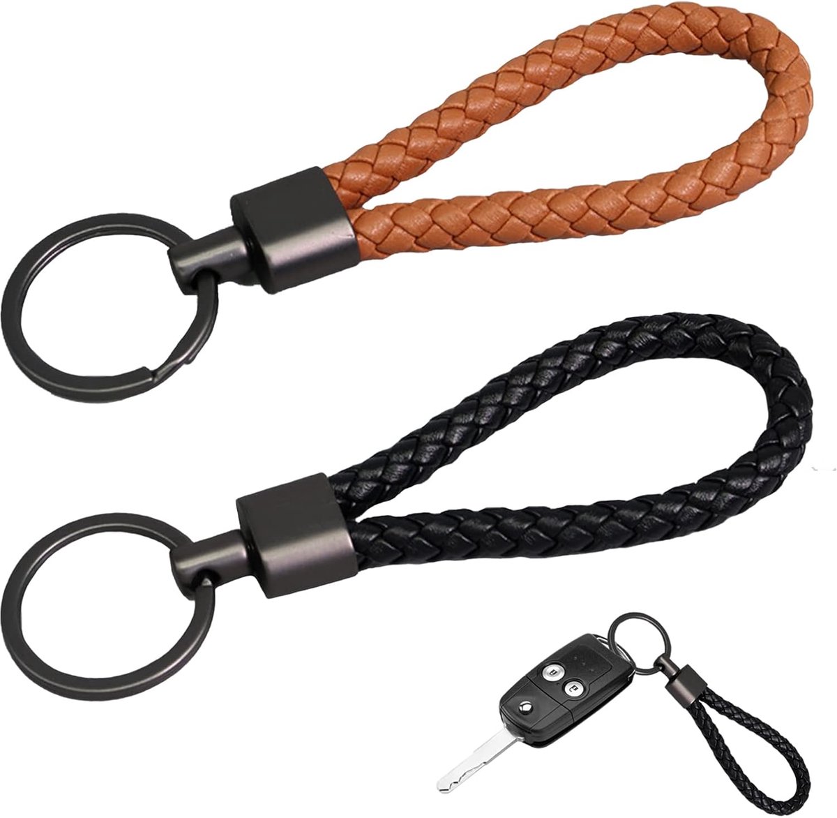 Sleutelhanger van leer, 2 stuks sleutelhangers van gevlochten leer, sleutelhanger voor auto, motorfiets, fiets en huissleutels, geschikt als sleutelhanger, Zwart + Bruin, 1