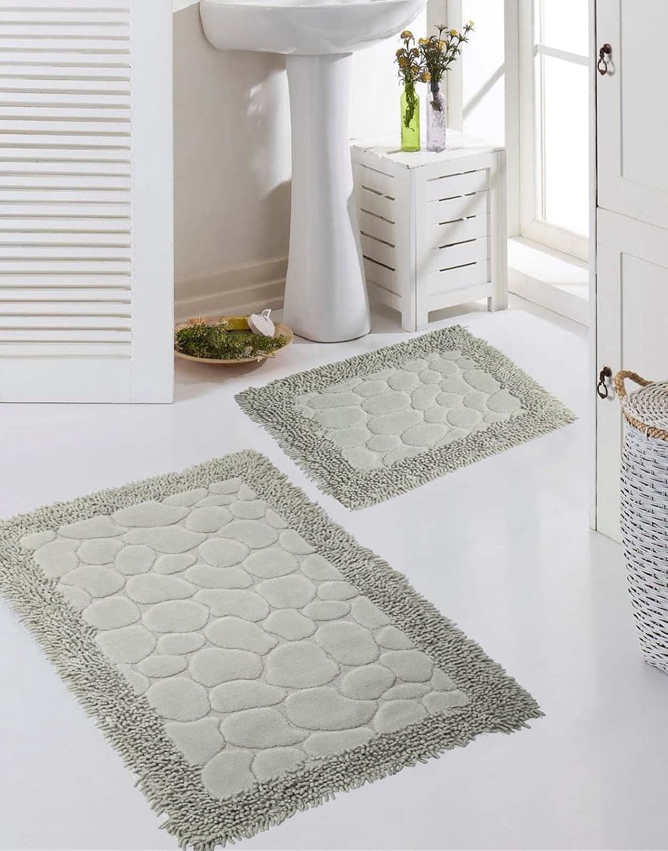 Badmatten set 2-delig - wasbaar - steenlook in grijs, afmeting 50x60cm + 60x100 cm