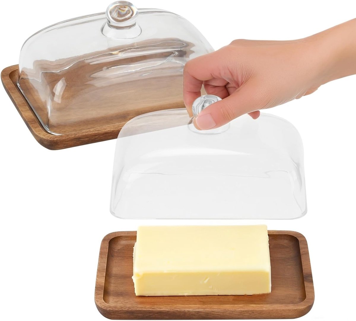 houten botervloot met glazen deksel, grote botercontainer voor blokken van 250 g en 500 g, boterbewaarhouder voor aanrecht en werkblad in de keuken (18 × 12,5 cm)