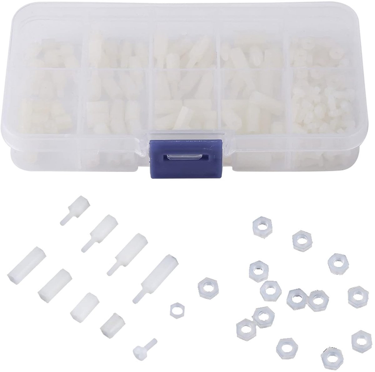 2,5 Mm Afstandhouder Plastic Moeren en Bouten en Afstandsstuk Wit Nylon 200st M2.5 Nylon Man Vrouw Zeskant Afstandhouder Bouten Moeren Assortiment Set met Plastic Doos