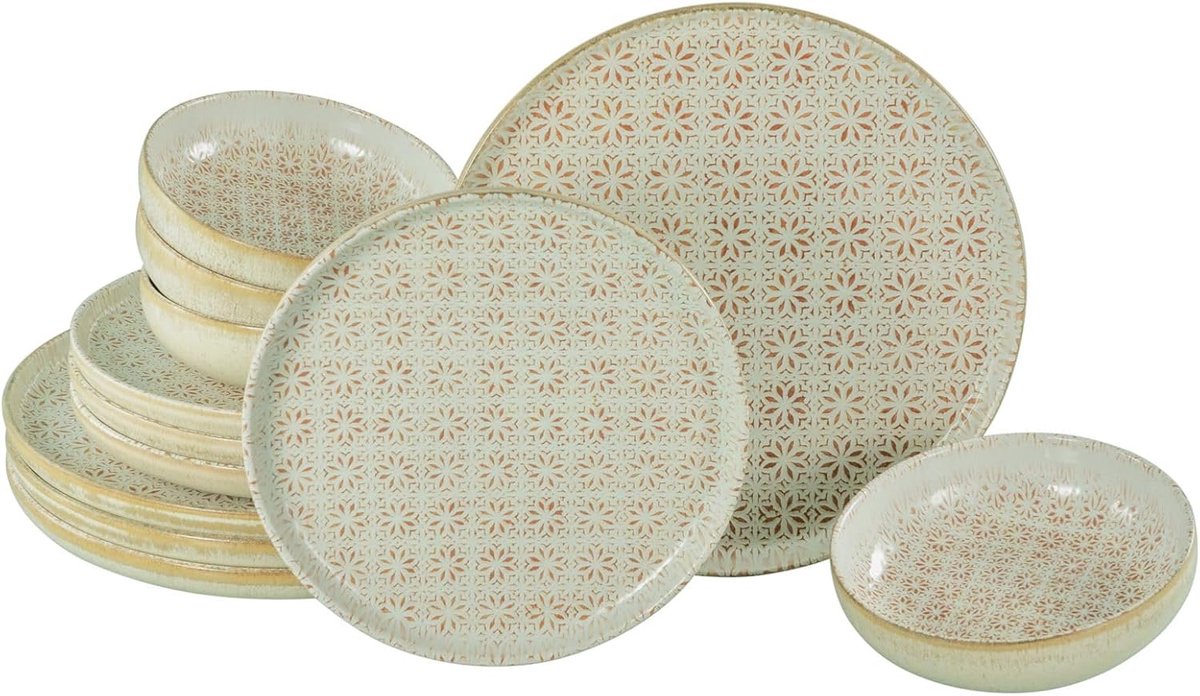 24088, serie Uno Emiliana rood, 12-delige serviesset voor 4 personen, bordenset van aardewerk, vaatwasser- en magnetronbestendig, Made in Portugal