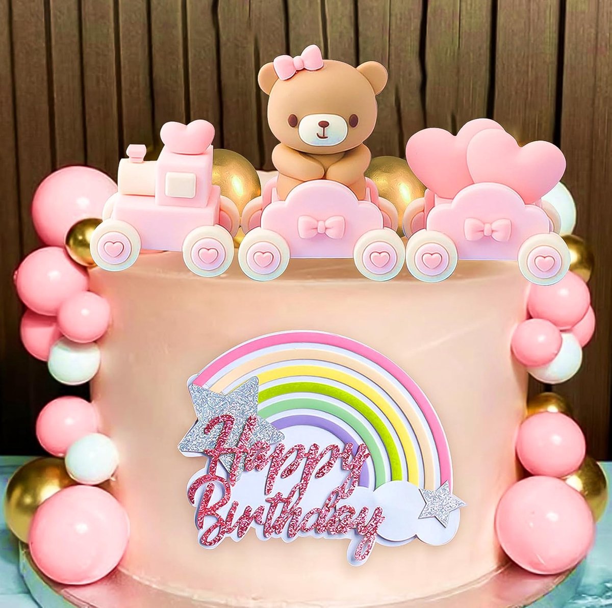 Roze teddybeer taartdecoratie doop jongen taartdecoratie meisjes | Taartdecoraties roze beer trein beer cake decoratie bal roze goud wit feest decoraties