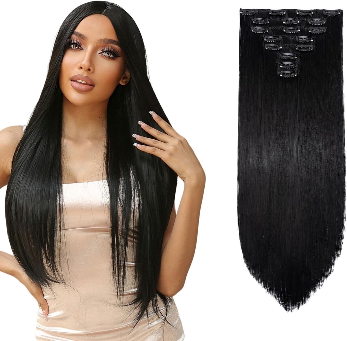 Clip in Extensions Haarstukje Haarverlenging Recht 8PCS 65cm Clip in Haarextensies Zoals Echt Haar Goedkope Synthetische Lang, Zwart