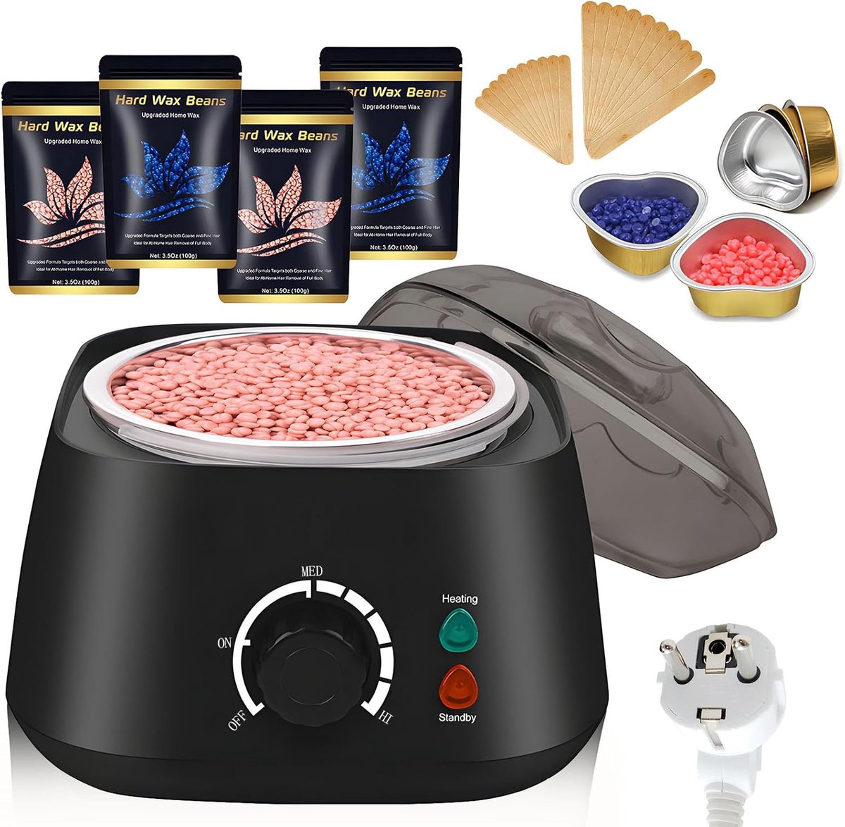 Waxverwarmer, professionele waxverwarmingsset, ontharingsset met 400 g ontharingsparels, 5 papieren bekers, 20 houten spatels, voor het hele lichaam, wenkbrauwen, oksels, gezicht