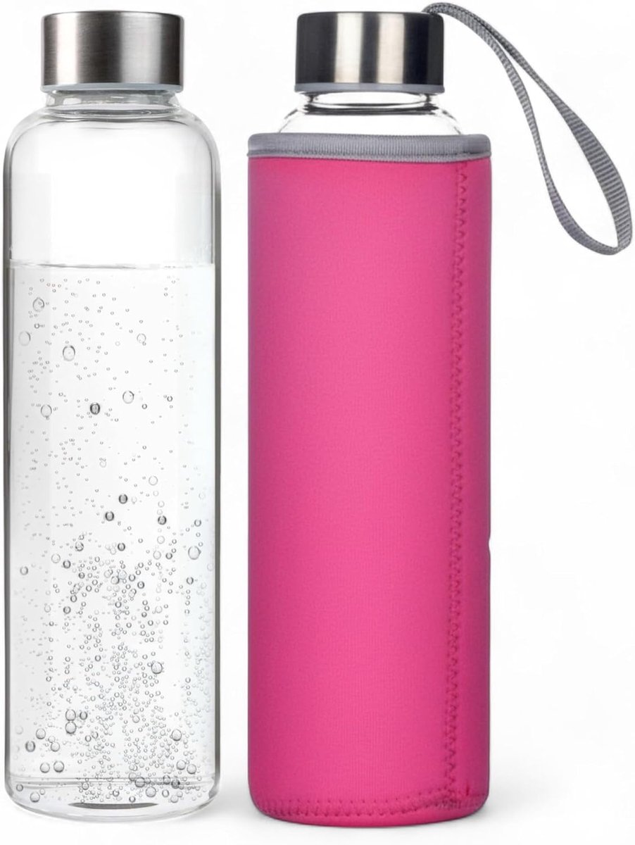 Drinkfles van glas, 550 ml, roze, lekvrije glazen fles van borosilicaatglas, BPA-vrij, geschikt voor koolzuurhoudende en vaatwasmachinebestendig, met beschermhoes, voor warme en koude dranken