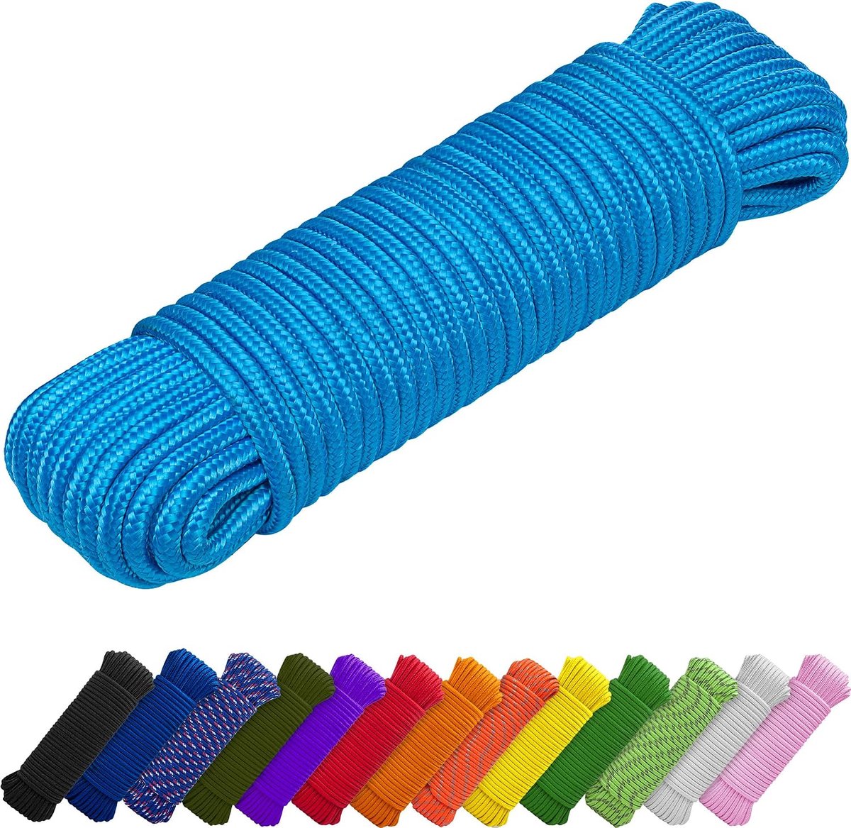 - 46 m x 7 mm - Lichtblauw multifunctioneel koord - kamperen | Knutselen, vlaggenmast, binnen en buiten – lichtgewicht, diamantgevlochten koord van polypropyleen en nylon, UV-bestendig