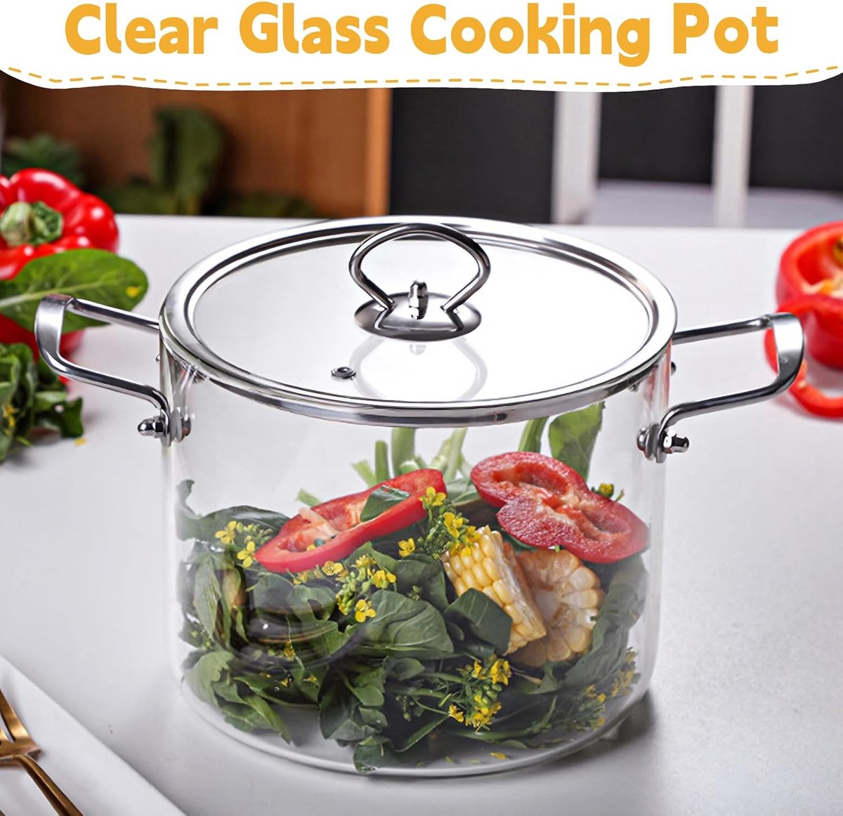 4. 5L glazen steelpan met deksel, hittebestendige glazen soeppot met roestvrijstalen dubbele handgrepen, universeel glazen kookgerei voor pasta noedel, soep, melk