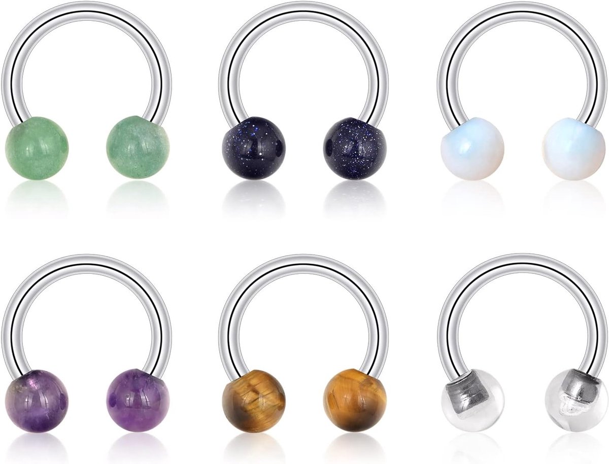 12 stuks piercingset roestvrij staal lichaamspiercing, hoefijzer, barbells, industriële piercings, bar voor tong, neus, navel, uniseks, kleurrijke punk piercing sieraden, Steen
