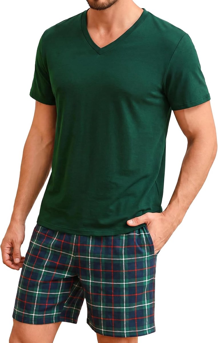 Korte herenpyjama van katoen, korte mouwen, set van korte pyjama's, voor de zomer, overhemden en broeken, zacht en comfortabel