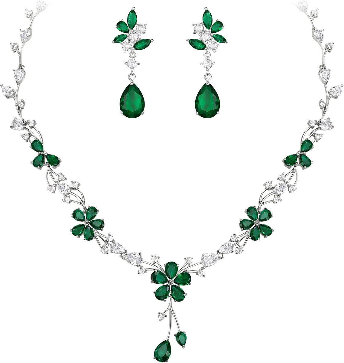 FAITH Bruidssieraad voor de bruid, adembenemende witte kubische zirkonia, teardrop cluster, bloem, bruiloft, halsketting, oorbellen set voor dames