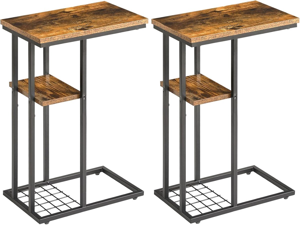 Set van 2 bijzettafels, salontafel, C-vorm met 2 etages, opslag, metalen structuur, industriële stijl voor woonkamer, slaapkamer, kantoor, 40 x 26 x 61,5 cm, bruin en zwart HST004H-2
