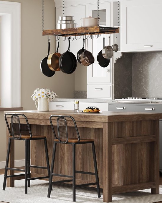 Hangende pottenrek, aan het plafond wandmontage pannenrek voor keuken, pannenhanger in industriële stijl met 18 haken, opbergorganizer voor kookgerei voor potten en pannen, rustiek bruin en — afbeelding 2